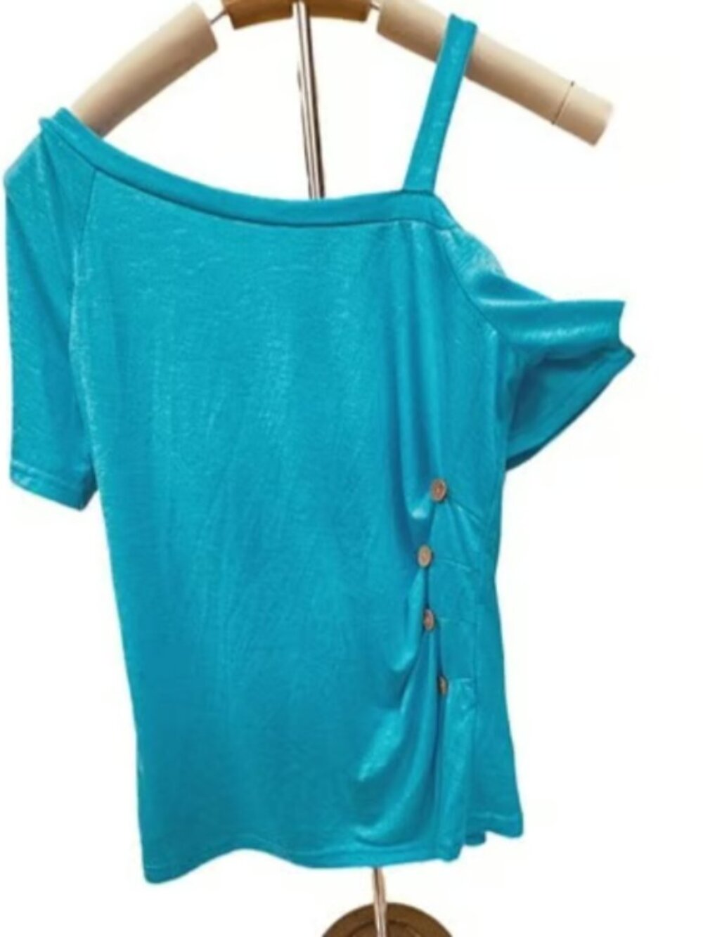 Blue Shor Sleeve Asymmetric Cold Shoulder Top Button Detail Breathable Blouse SM